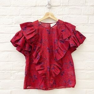 Les coyotes de Paris || Tina Ruffle Floral Silk Blend Top Red Pink‎ 36